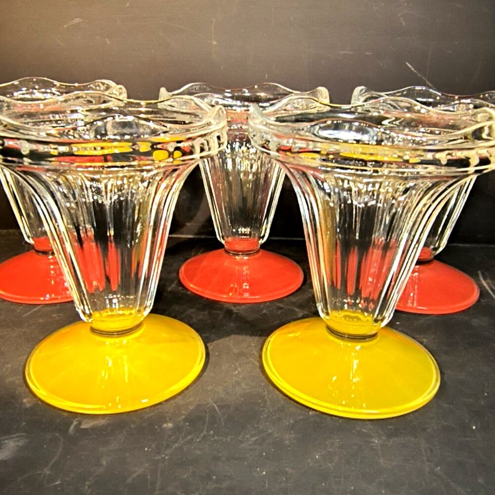 1695.  Set of 5 French Luminarc Sundae Dishes Vintage Pink and Yellow